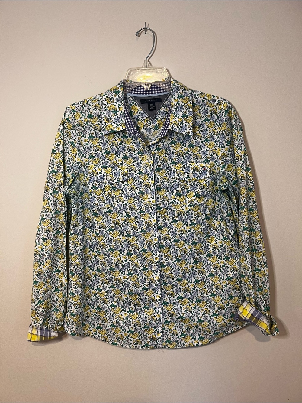 Tommy Hilfiger Yellow Blue Green Floral Button-Down Shirt with Plaid Accent Sz L